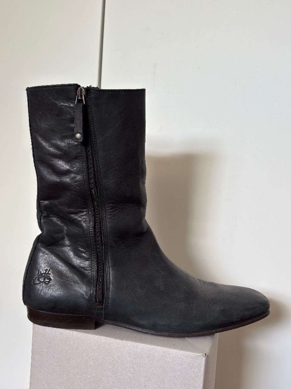 Fluevog Leather zipped mid-calf boot. US-11. Black